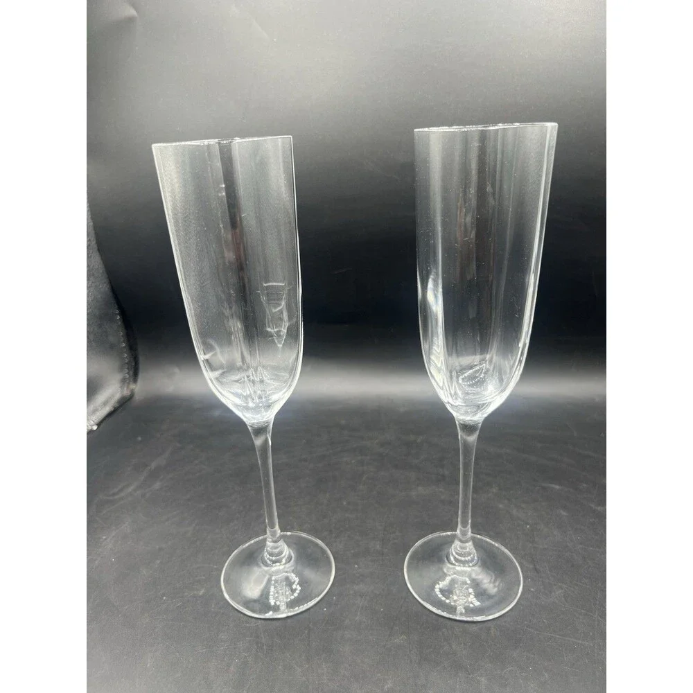 Set of 2 Crystal Champagne Flutes Faceted Bowl Clear Toasting Glasses 9 1/8”